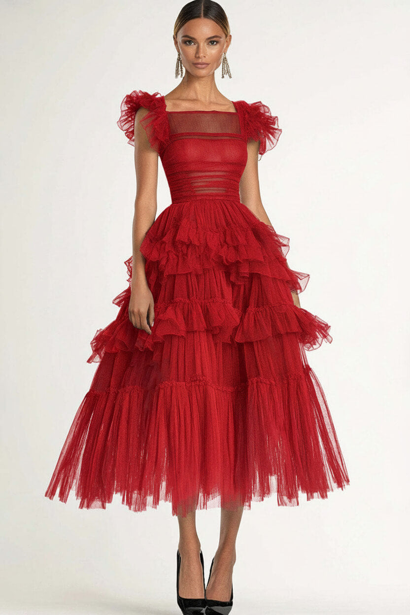 Dressystars Tea Length Black Wedding Guest Dress A-Line Flatter Sleeves Tulle Formal Dress With Ruffles