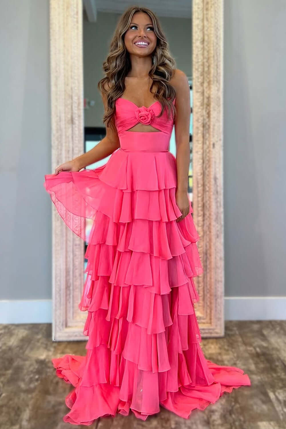 Pink Sweetheart Ruffled Long Prom Dress with Slit