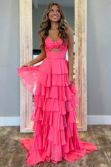 Pink Sweetheart Ruffled Long Prom Dress with Slit