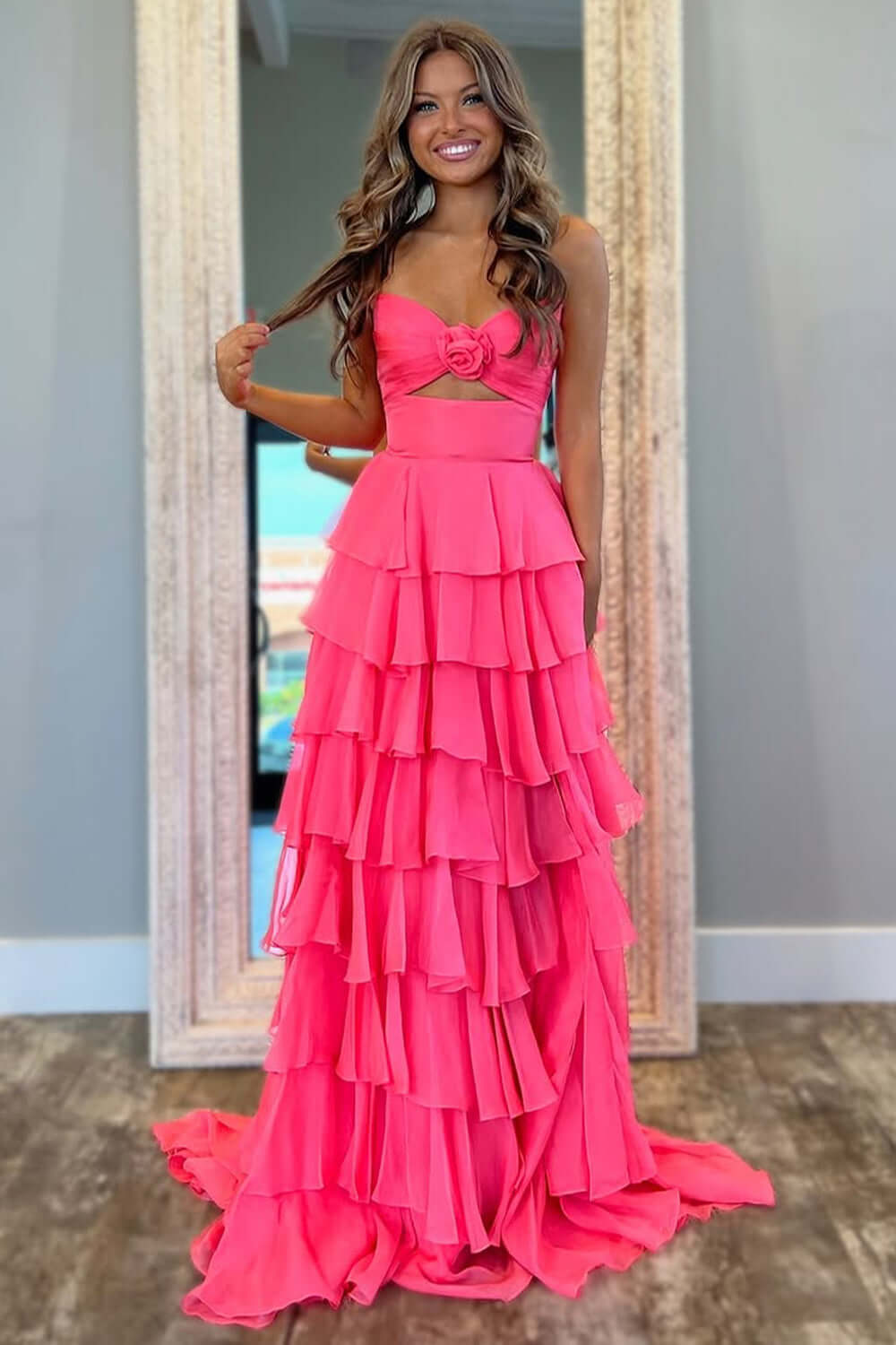 Pink Sweetheart Ruffled Long Prom Dress with Slit