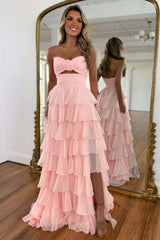 Pink Sweetheart Ruffled Long Prom Dress with Slit