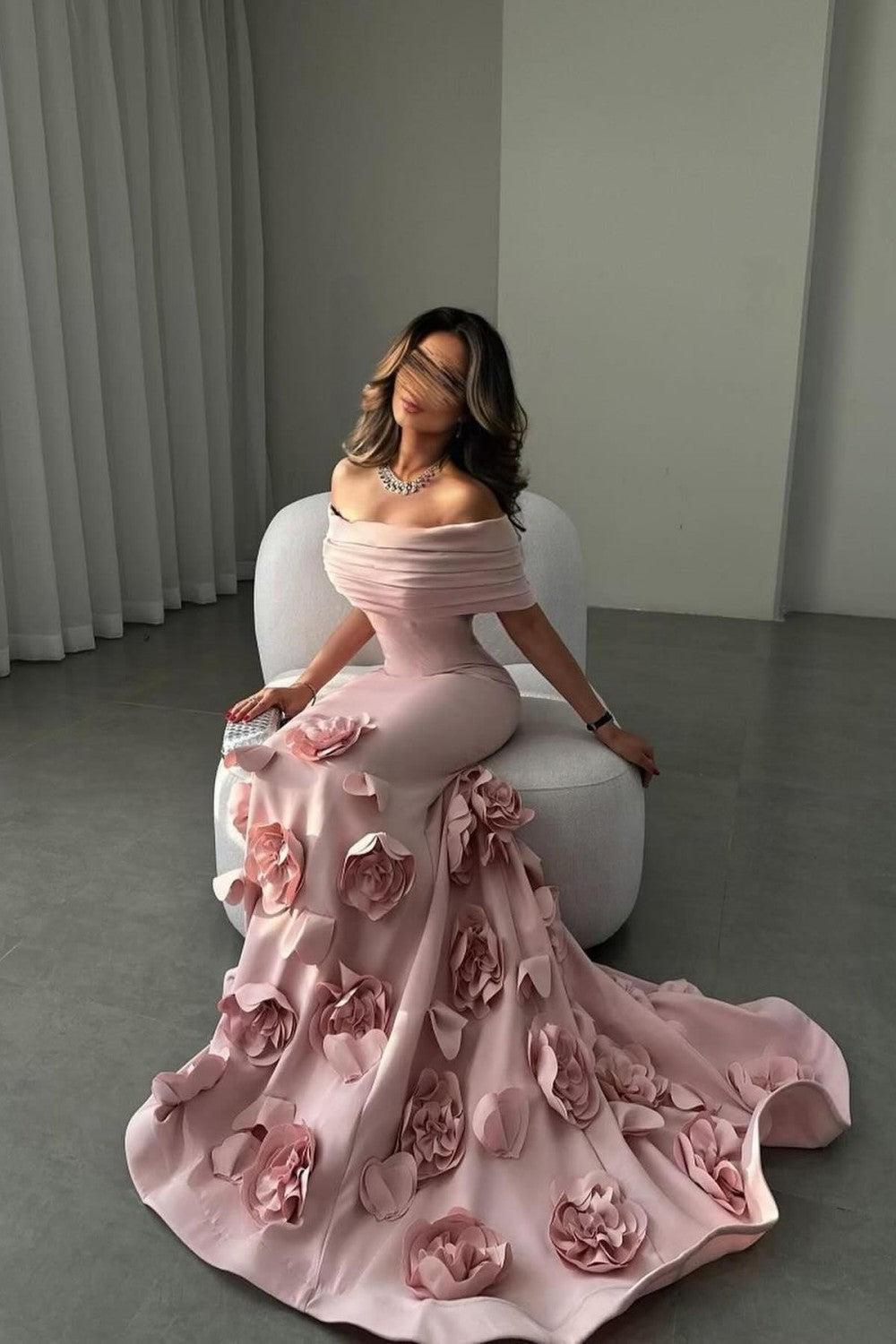 Dressystars Romantic Off-Shoulder Pink Mermaid Prom Dress With Floral Train Formal Evening Gown
