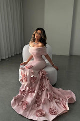 Dressystars Romantic Off-Shoulder Pink Mermaid Prom Dress With Floral Train Formal Evening Gown