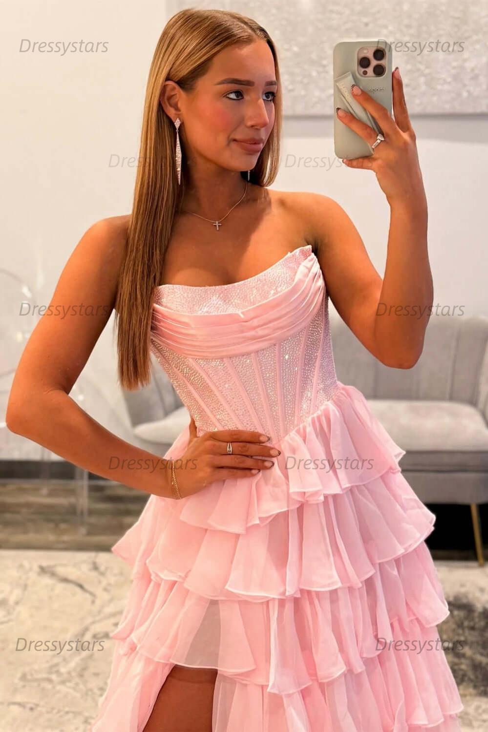Navy Prom Dress A Line Strapless Corset Long Chiffon Formal Dress