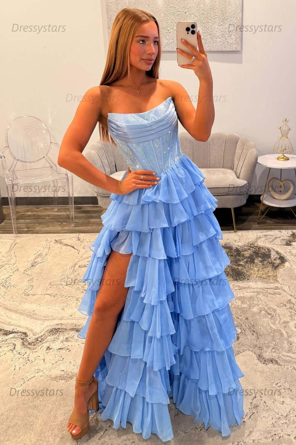 Navy Prom Dress A Line Strapless Corset Long Chiffon Formal Dress