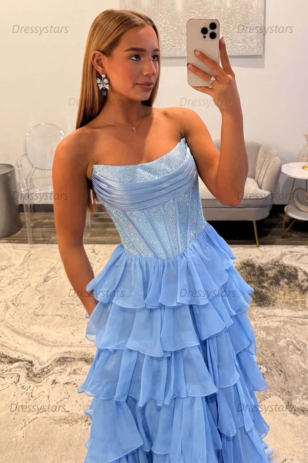 Navy Prom Dress A Line Strapless Corset Long Chiffon Formal Dress