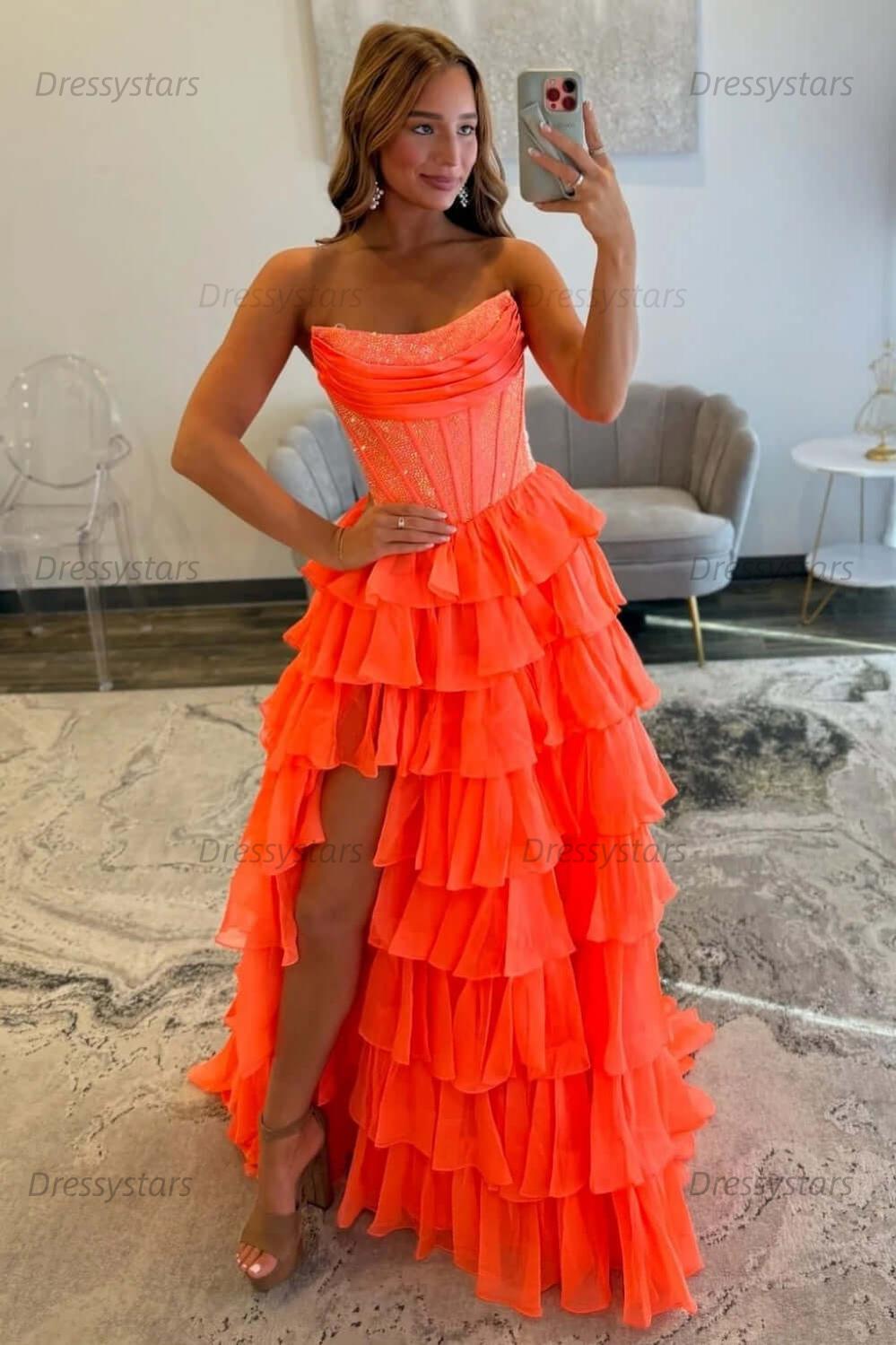 Navy Prom Dress A Line Strapless Corset Long Chiffon Formal Dress