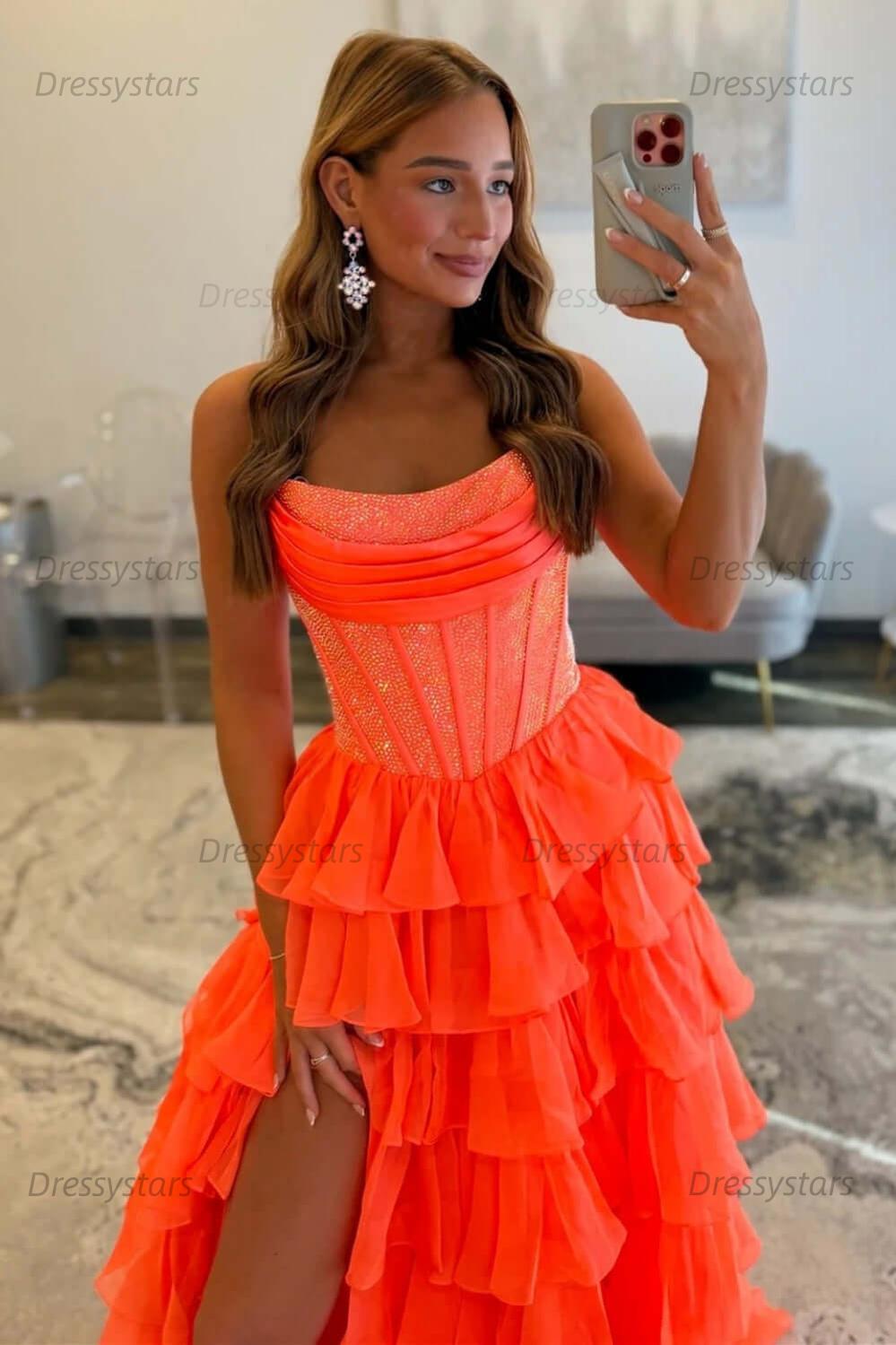 Navy Prom Dress A Line Strapless Corset Long Chiffon Formal Dress
