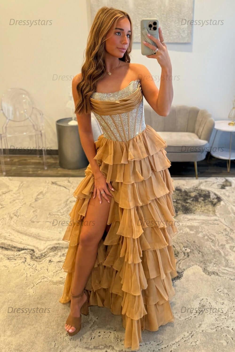 Navy Prom Dress A Line Strapless Corset Long Chiffon Formal Dress