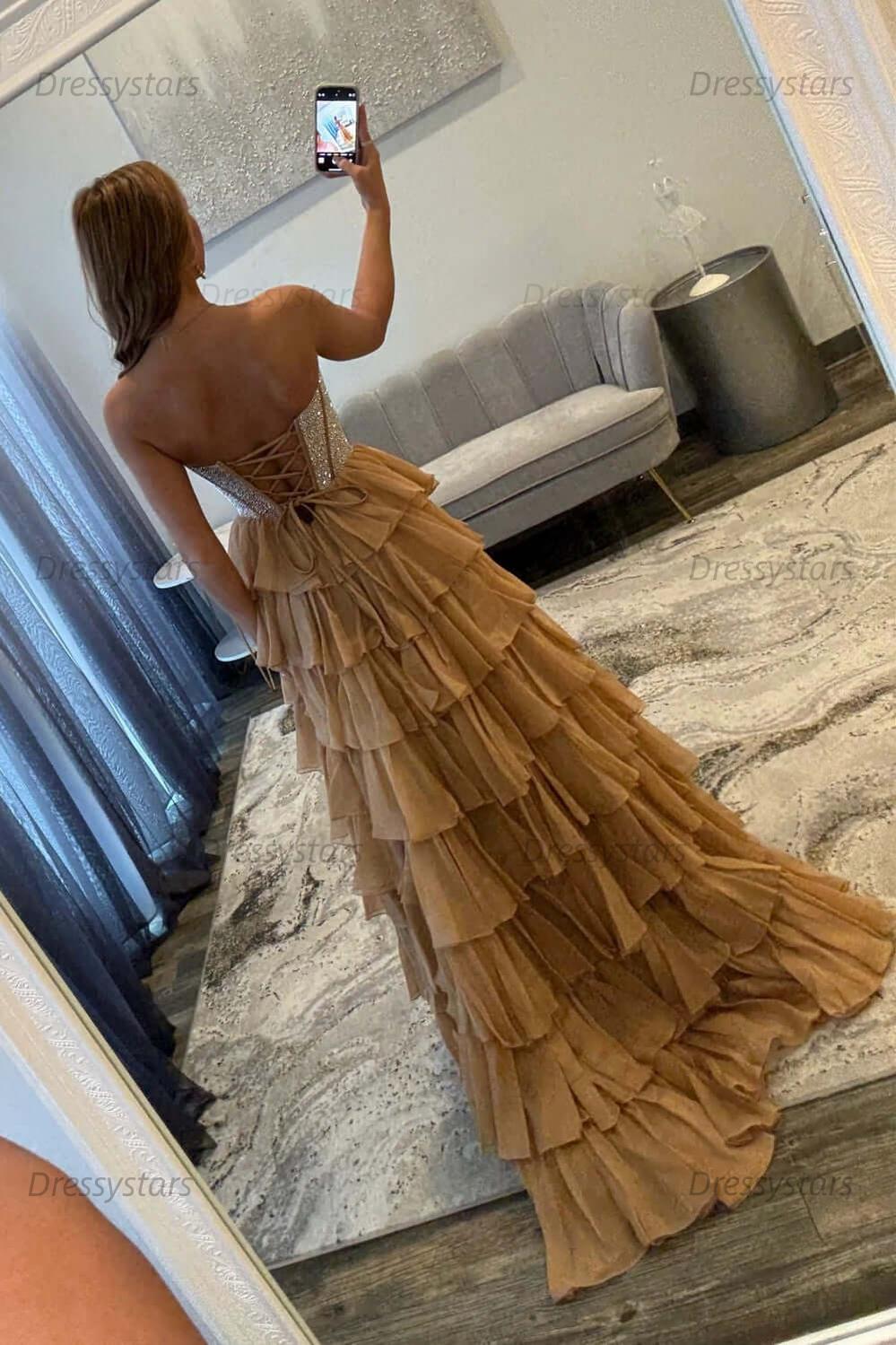Navy Prom Dress A Line Strapless Corset Long Chiffon Formal Dress