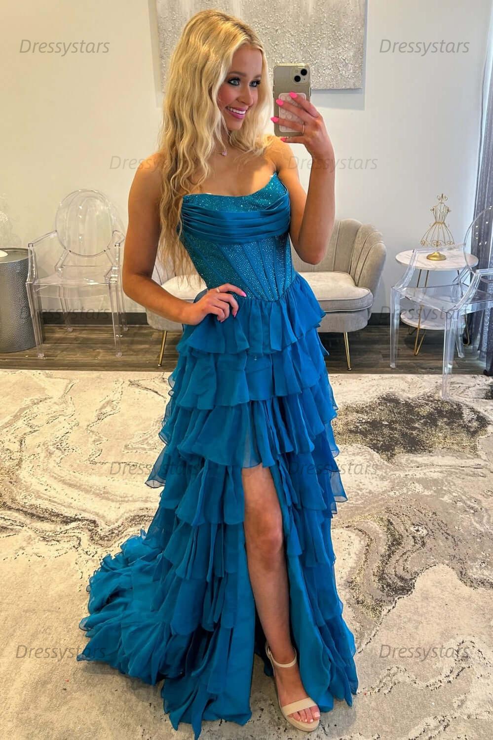 Navy Prom Dress A Line Strapless Corset Long Chiffon Formal Dress