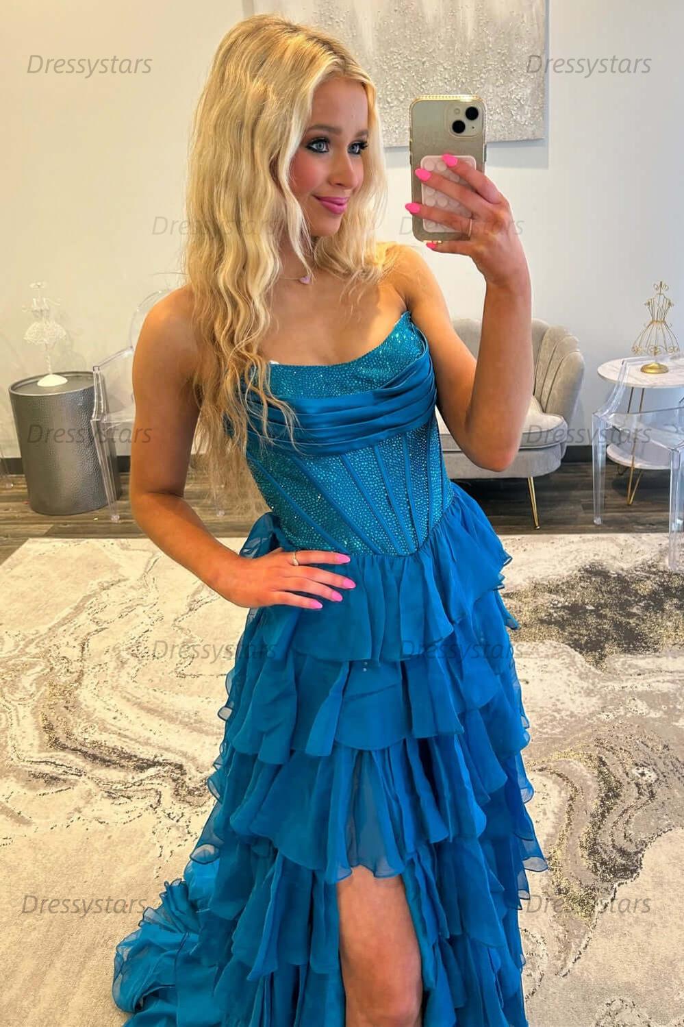 Navy Prom Dress A Line Strapless Corset Long Chiffon Formal Dress