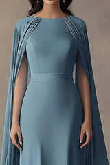 Round Neck Long Ruched Grey Blue Wedding Guest Dress Formal Dress With Shawl