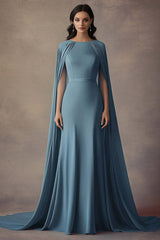Round Neck Long Ruched Grey Blue Wedding Guest Dress Formal Dress With Shawl