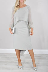 Round Neck Tea-Length Mother of the Bride Dress with Tassels and Long Sleeves