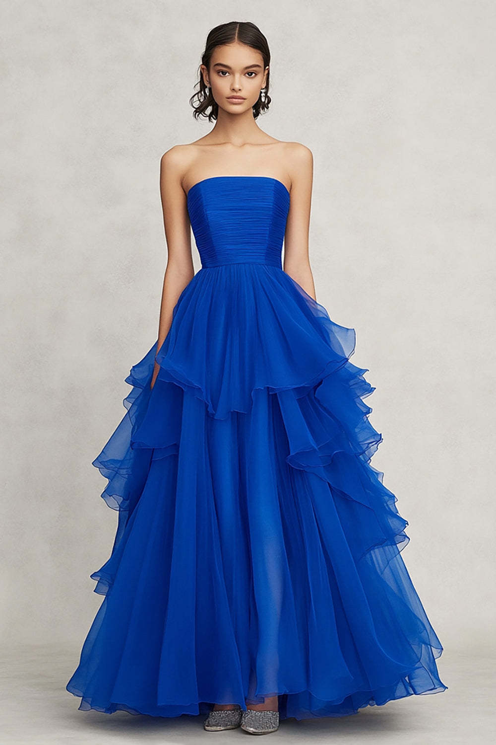 Royal Blue Formal Dress Chiffon Strapless Ruffled A Line Long Wedding Guest Dress