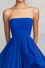 Royal Blue Formal Dress Ruffled Ball Gown Chiffon Strapless Pleated Long Wedding Guest Dress