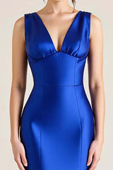 Royal Blue Formal Dress V-Neck Satin Sheath Sleeveless Long Wedding Guest Dress