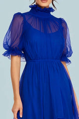 Dressystars Royal Blue High Neck Tulle A Line High-Low Prom Dress With Sleeves