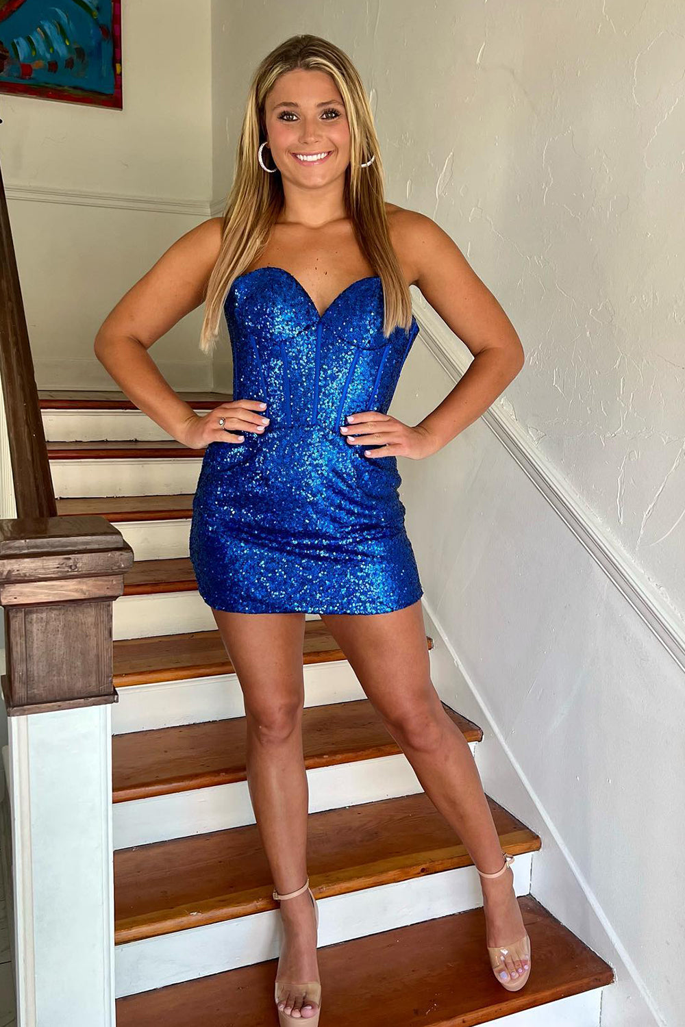 Royal Blue Homecoming Dresses Corset Tight Short Sequin Cocktail Dresses