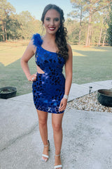 Royal Blue Homecoming Dresses Mirror One Shoulder Tight Cocktail Dresses With Feathers