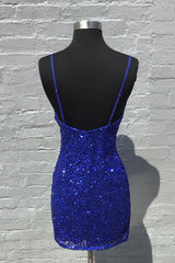 Royal Blue Homecoming Dresses Ruched Tight Short Sequin Cocktail Dresses