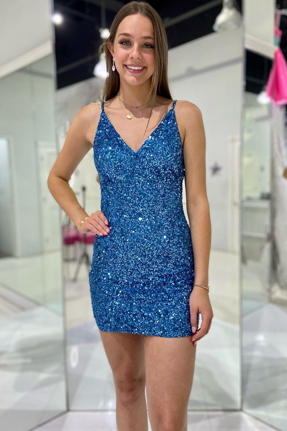 Royal Blue Homecoming Dresses Sequin Sleeveless Tight Cocktail Dresses
