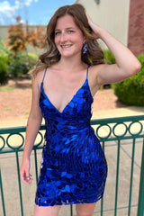 Royal Blue Homecoming Dresses Sequined Tight Short Cocktail Dresses