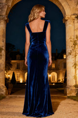 Dressystars Royal Blue Mermaid Square Neck Long Velvet Holiday Party Dress With Slit