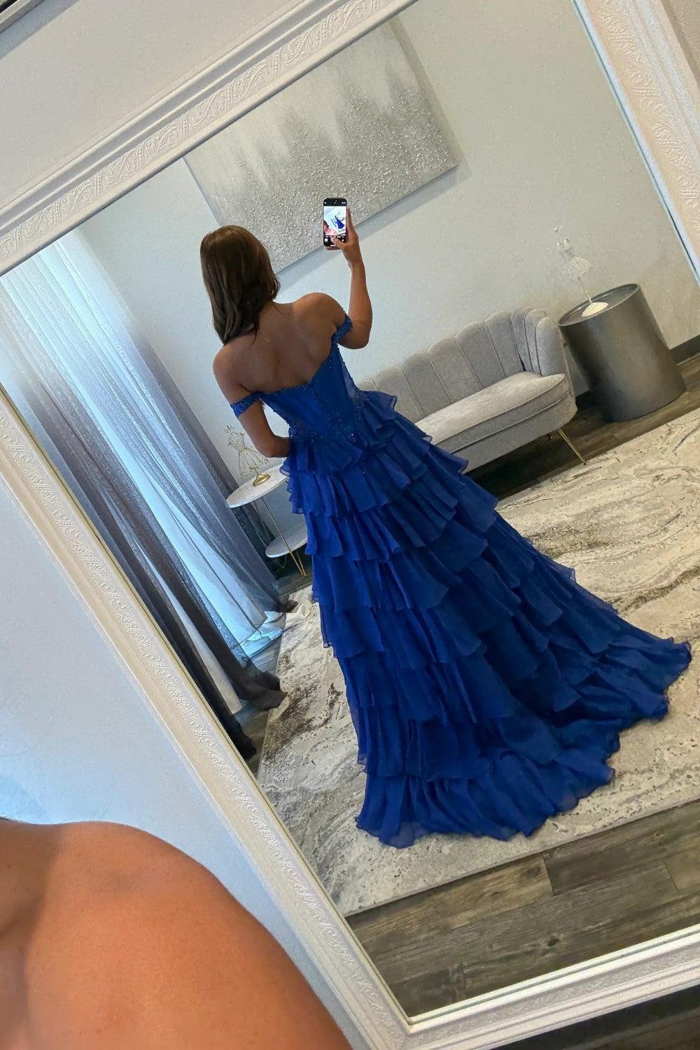 Royal Blue Off Shoulder Prom Dress With Beaded Illusion Ruffle Slit Skirt Formal Evening Gown