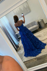 Royal Blue Off Shoulder Prom Dress With Beaded Illusion Ruffle Slit Skirt Formal Evening Gown