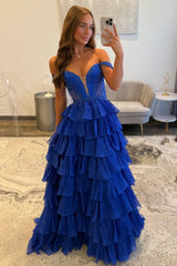 Royal Blue Off Shoulder Prom Dress With Beaded Illusion Ruffle Slit Skirt Formal Evening Gown