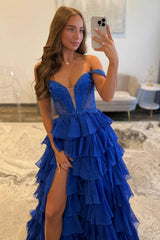 Royal Blue Off Shoulder Prom Dress With Beaded Illusion Ruffle Slit Skirt Formal Evening Gown