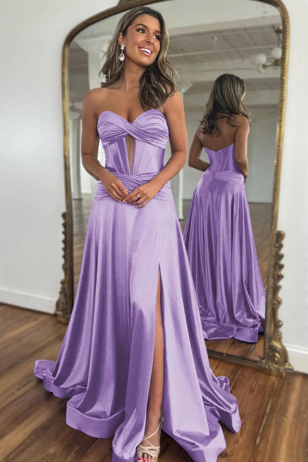 Royal Blue Prom Dress A Line Corset Satin Long Evening Dress with Slit
