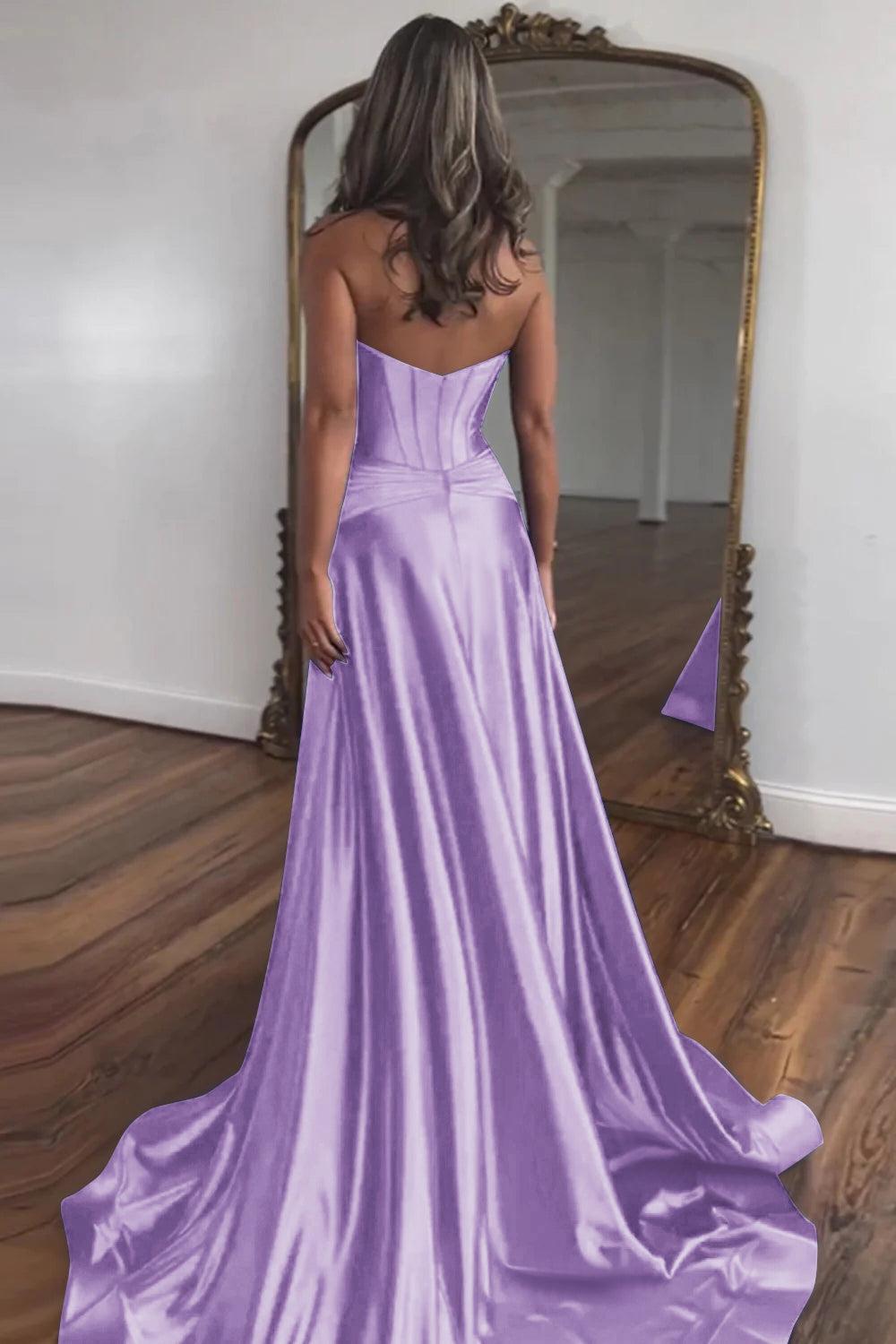 Royal Blue Prom Dress A Line Corset Satin Long Evening Dress with Slit