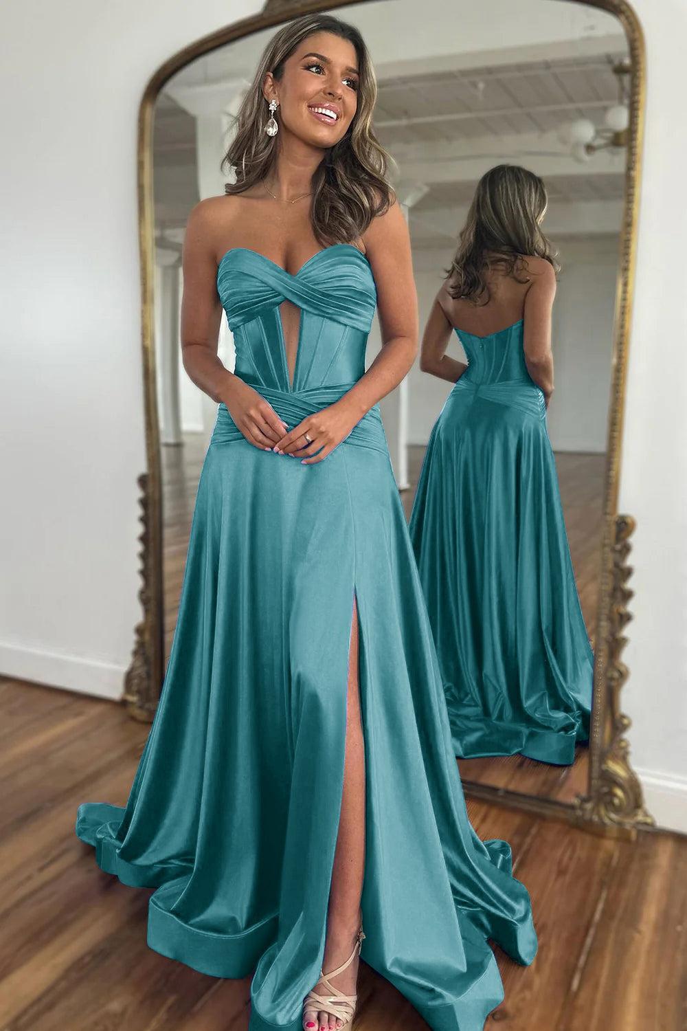 Royal Blue Prom Dress A Line Corset Satin Long Evening Dress with Slit