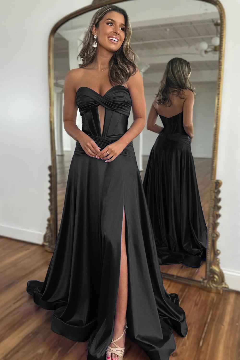 Royal Blue Prom Dress A Line Corset Satin Long Evening Dress with Slit