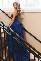 Royal Blue Prom Dress A Line Long Tiered Appliqued Evening Dress With Slit