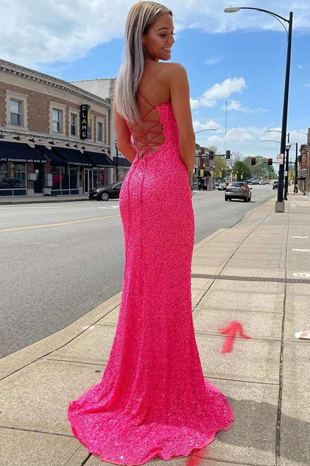 Royal Blue Prom Dress Backless Sequined Long Evening Dress with Slit