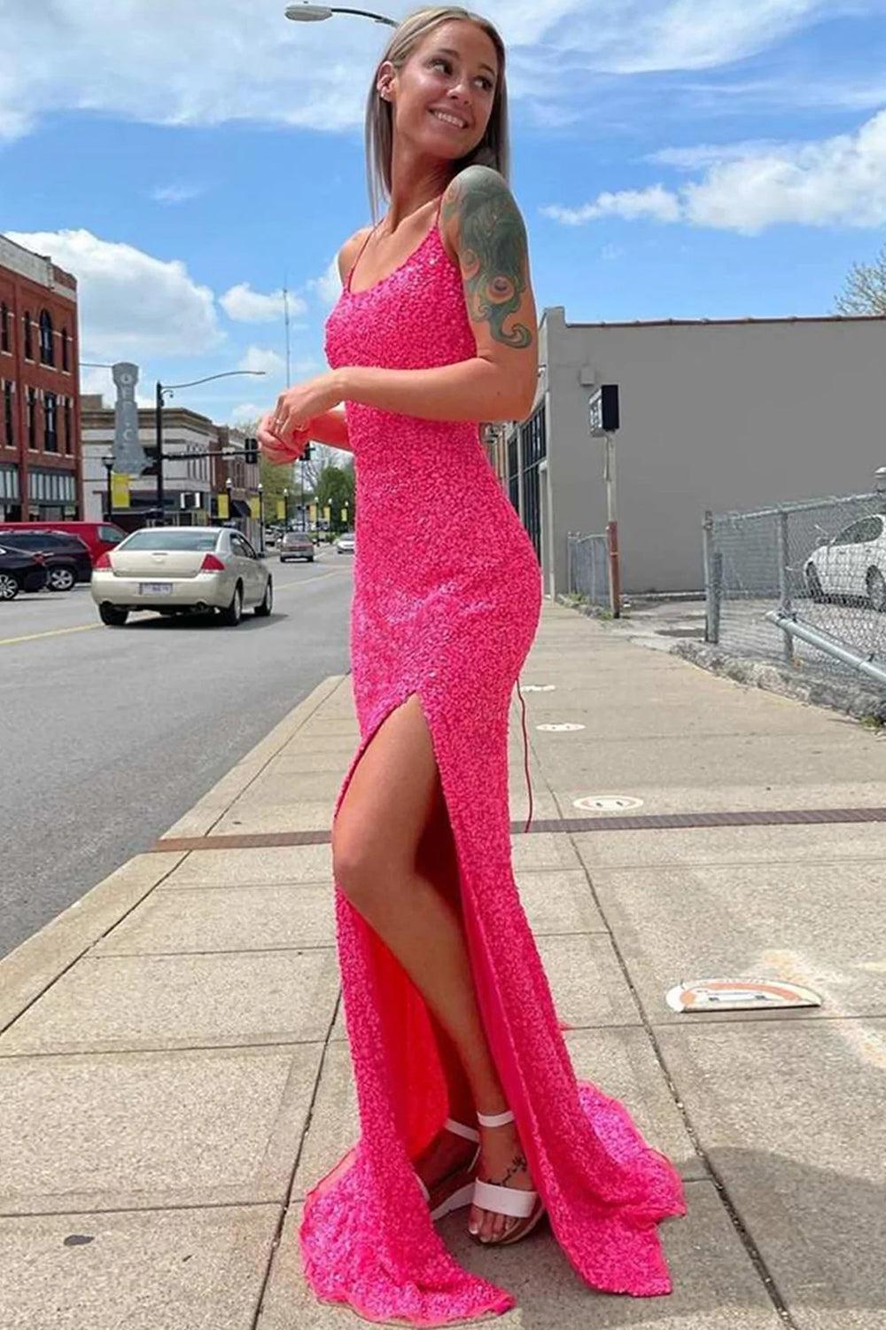 Royal Blue Prom Dress Backless Sequined Long Evening Dress with Slit