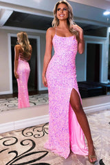 Royal Blue Prom Dress Backless Sequined Long Evening Dress with Slit