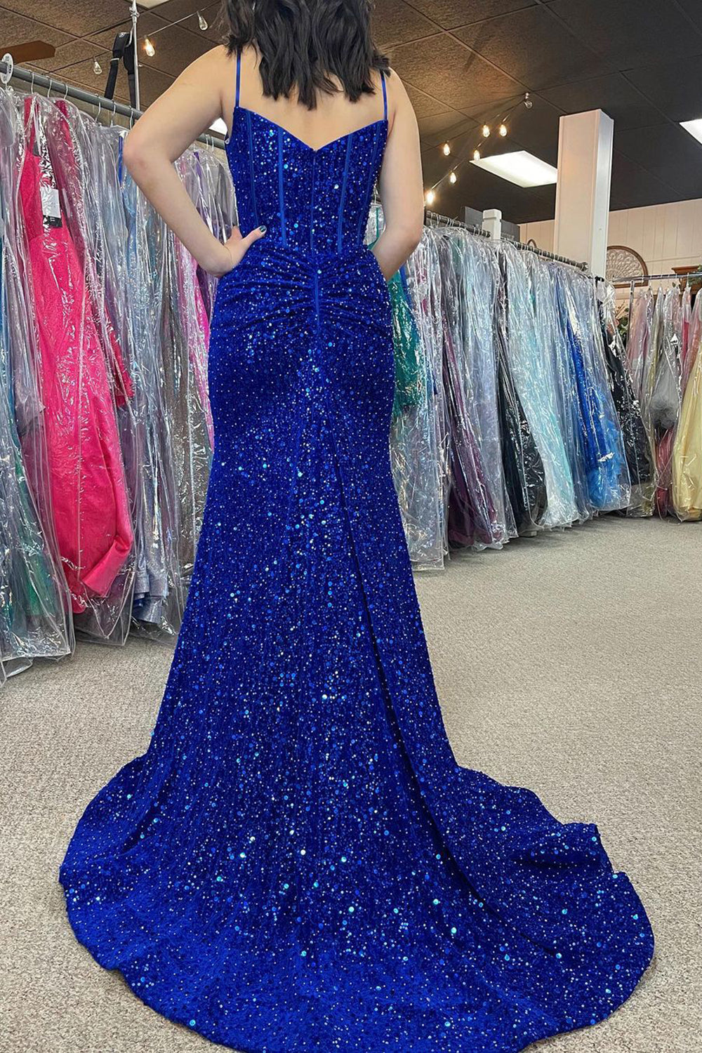 Royal Blue Prom Dress Beaded Sparkly Mermaid Corset Evening Dress