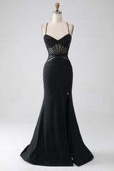 Royal Blue Prom Dress Corset Beaded Long Mermaid Evening Dress with Slit