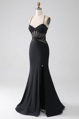 Royal Blue Prom Dress Corset Beaded Long Mermaid Evening Dress with Slit
