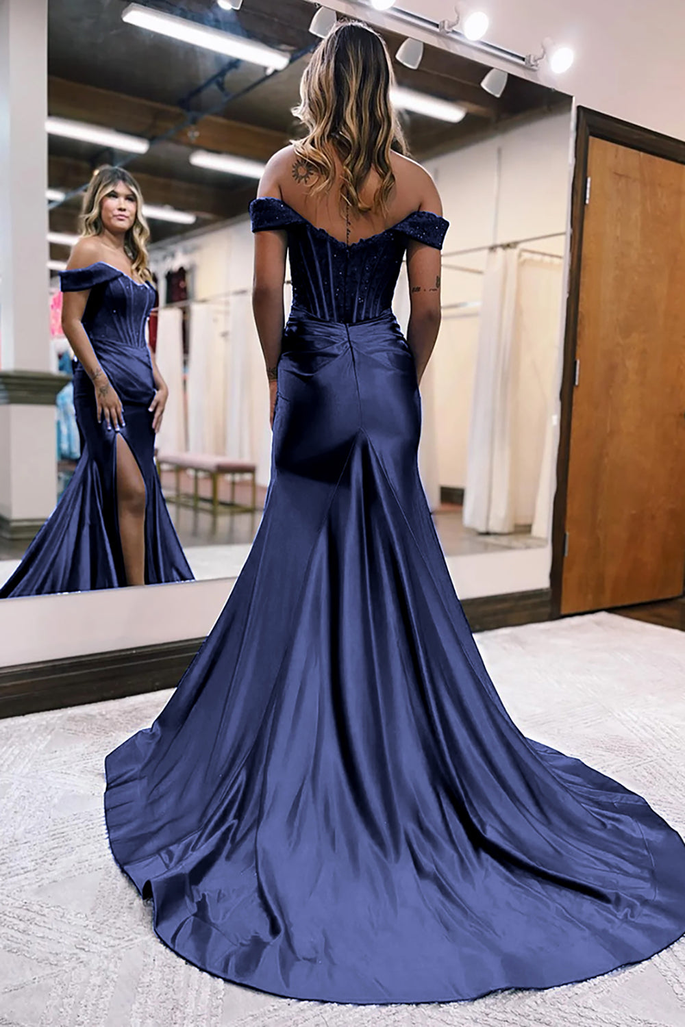 Royal Blue Prom Dress Corset Detachable Neck Mermaid Long Evening Dress with Slit