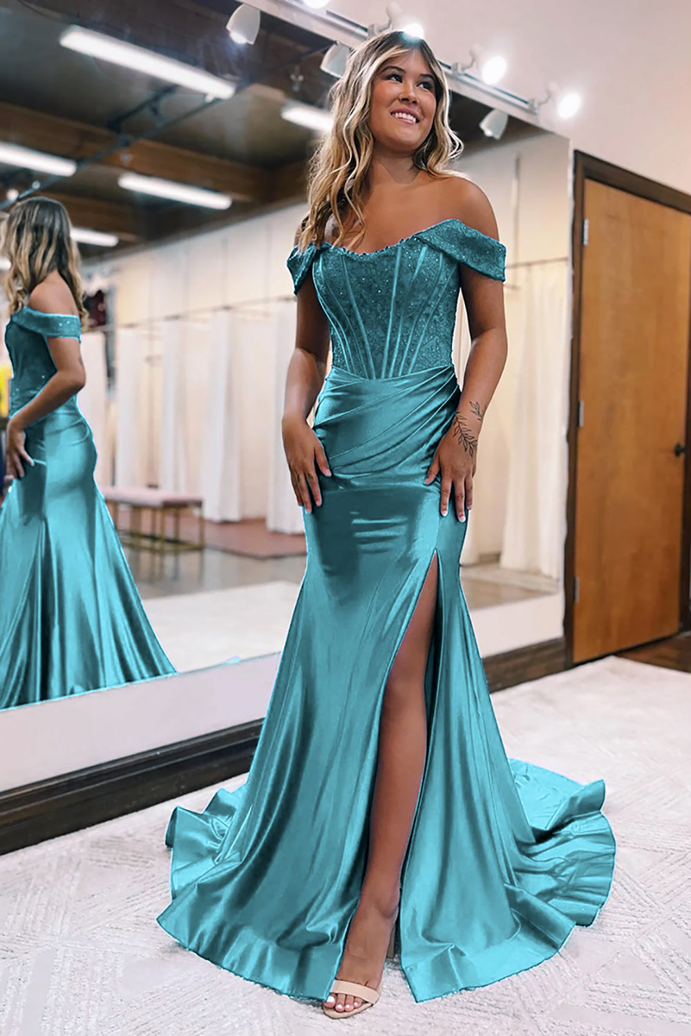 Royal Blue Prom Dress Corset Detachable Neck Mermaid Long Evening Dress with Slit