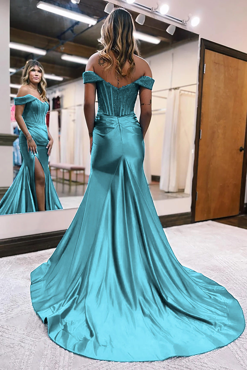 Royal Blue Prom Dress Corset Detachable Neck Mermaid Long Evening Dress with Slit