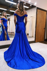 Royal Blue Prom Dress Corset Detachable Neck Mermaid Long Evening Dress with Slit
