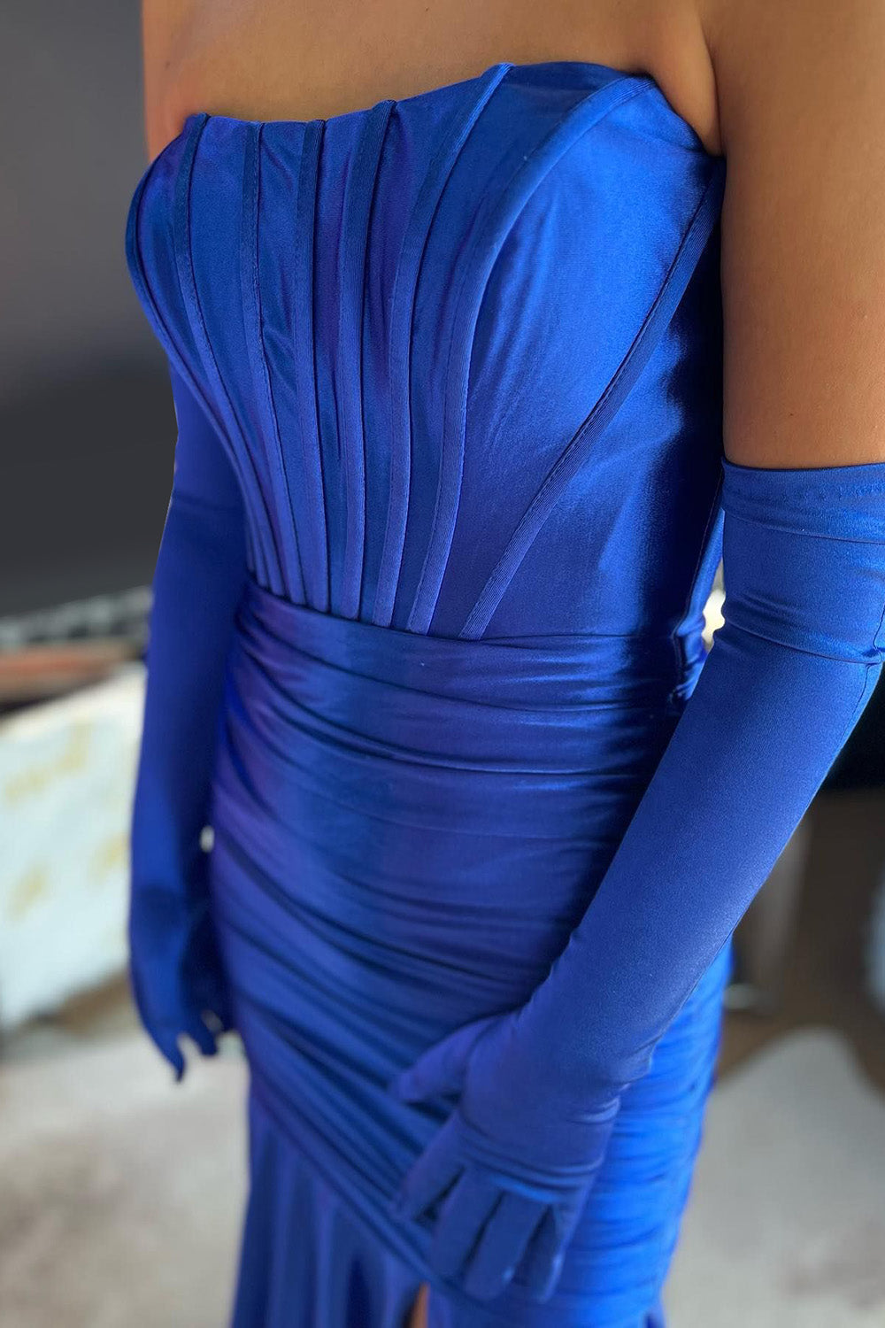 Royal Blue Prom Dress Corset Detachable Sleeves Mermaid Long Evening Dress with Slit
