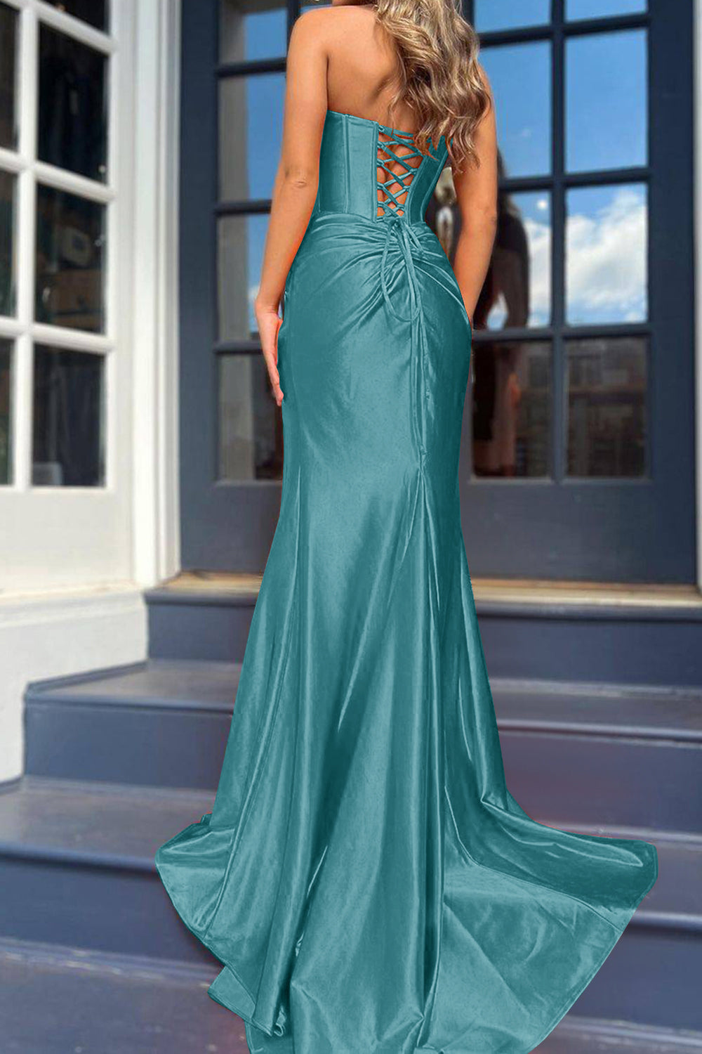 Royal Blue Prom Dress Corset Mermaid Draped Satin Long Evening Dress with Slit
